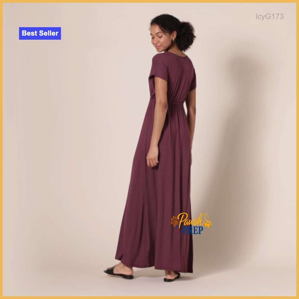 V-Neck Short Sleeve Waisted Maxi Dress Fit & Flare Rayon Stretch Jersey - Picture 7 of 7